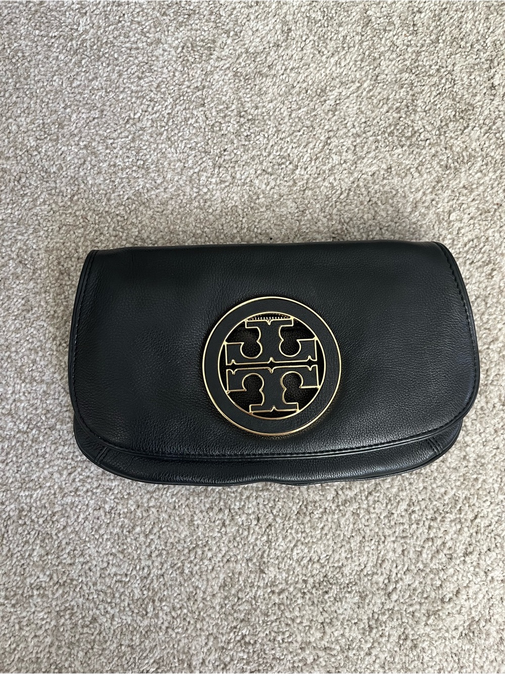Tory Burch Black Leather Clutch with Gold Logo Medallion - excellent condition